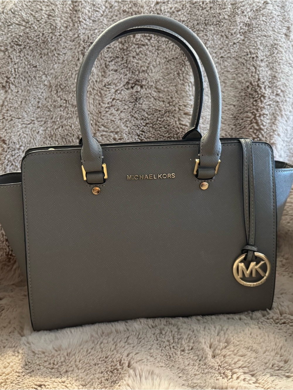 Michael Kors Gray Saffiano Satchel with Gold Hardware